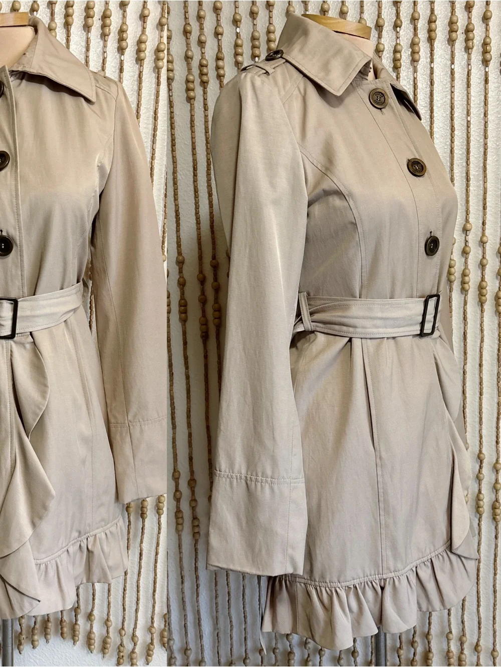 Y2K Vintage Guess Khaki Button Down Ruffle Hem Long Sleeve Belted Trench Jacket